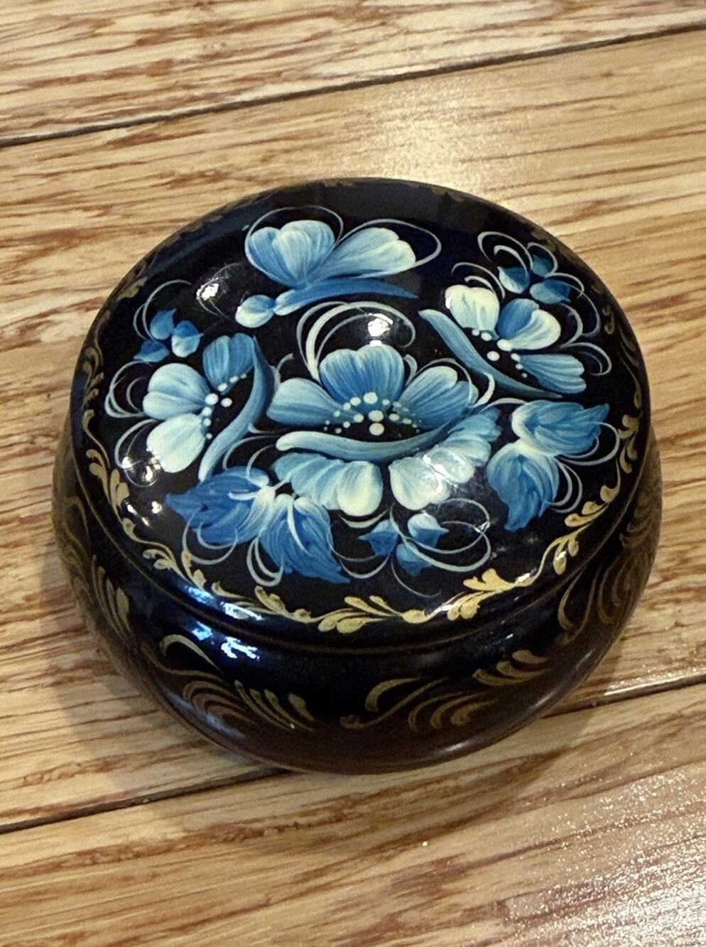 Ukrainian Lacquered Round Trinket Box Signed Blue Floral Handpainted 2.5”